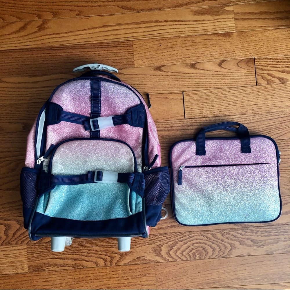 Pottery Barn Kids Glitter Pink Teal Rolling Backpack Homework Supplies Pouch Set